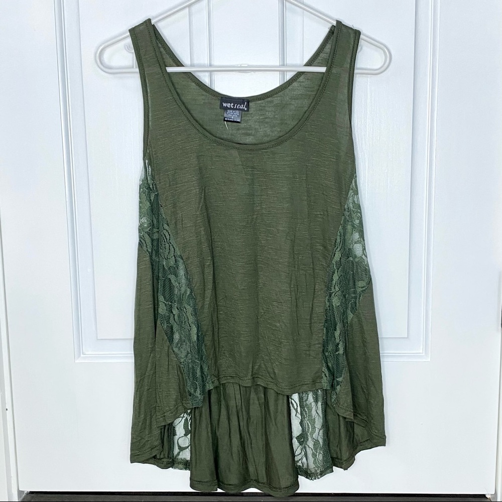 Wet Seal Olive Green Lace Hi-Low Tank Top (S)